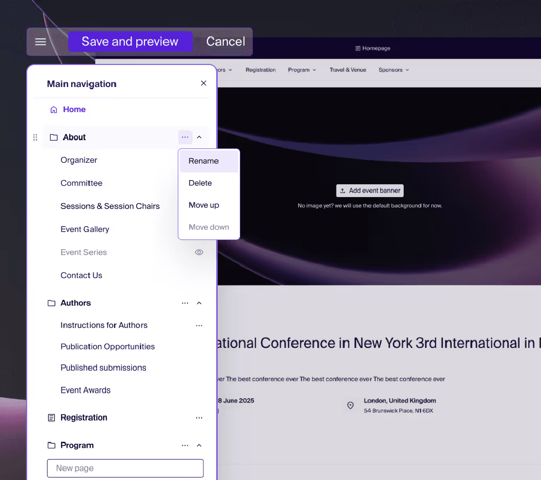 Conference website builder: a main navigation editor with rename, delete and reorder options over a live homepage preview