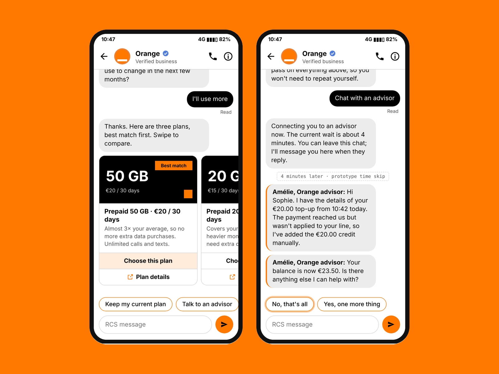 Two phones in an Orange RCS conversation: a carousel of prepaid plans with the best match first, and an advisor resolving a failed top-up
