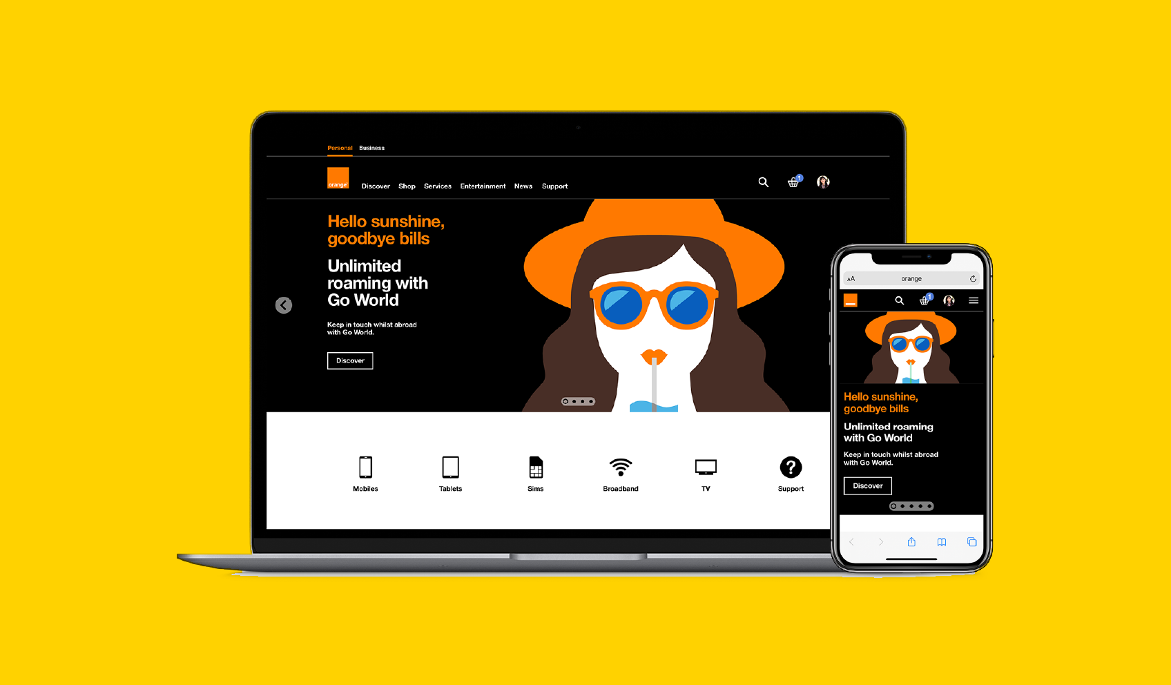 Orange website on a laptop and a phone: the Go World roaming campaign with product shortcuts for mobiles, tablets, SIMs, broadband, TV and support